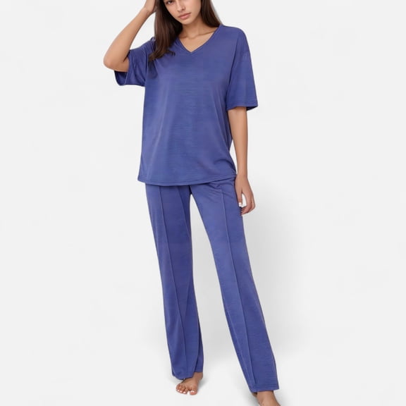 Women's Short Sleeve V-Neck Pajama Set with Relaxed Fit Knit Top and Wide Leg Lounge Pants - Large, Blue