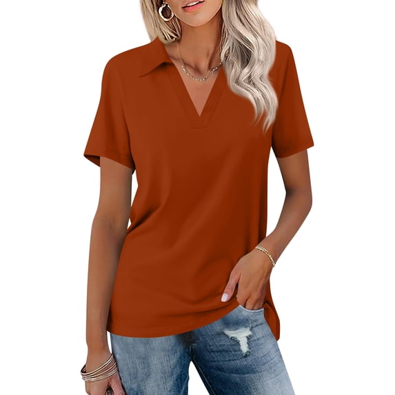Women's Short Sleeve V-Neck Polo Shirts Business Casual Work Collared Tops Dressy Collar Cute Blouses Ginger L