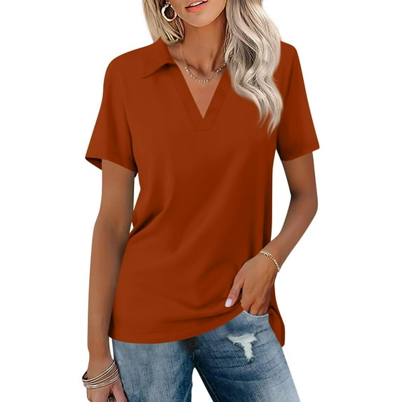 Women's Short Sleeve V-Neck Polo Shirts Business Casual Work Collared Tops Summer Dressy Collar Cute Blouses,Ginger S