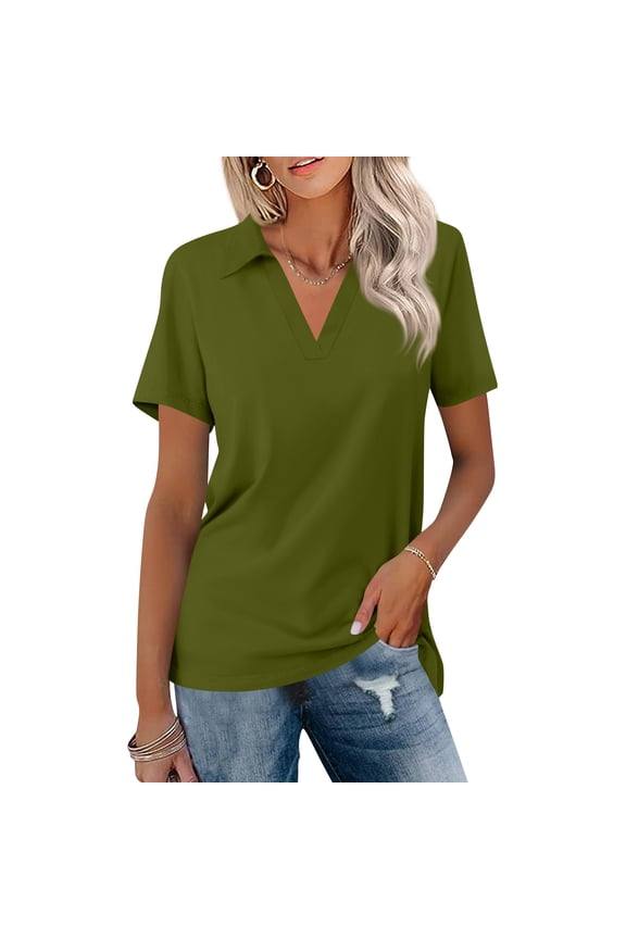 Women's Short Sleeve V Neck Polo Shirts Summer Collared Tops Casual Loose Tees Tops Army Green L