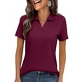 thumbnail image 1 of Women's Short Sleeve V Neck Polo Shirts Summer Collared Tops Casual Loose Tees Tops,Wine XL, 1 of 5