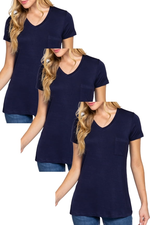 Women's Short Sleeve V-Neck Relaxed Fit T-Shirt with Chest Pocket 3-Pack