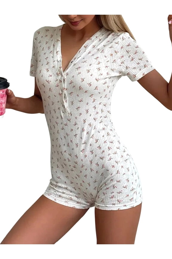 Women's Short Sleeve V-Neck Romper Pajama White Print S