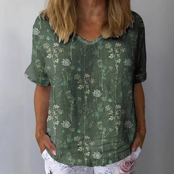 Women's Short Sleeve V Neck Short Sleeve Plant Flower Print European and American Large Size T Shirt