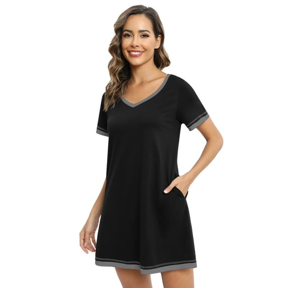 Women's Short Sleeve V Neck Sleepshirts With Pocket Ladies Home Pajamas Soft Comfy Nightdress,Lightweight Fabric,S-3XL,Black