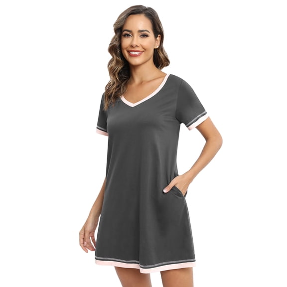 Women's Short Sleeve V Neck Sleepshirts With Pocket Ladies Home Pajamas Soft Comfy Nightdress,Lightweight Fabric,S-3XL,Gray