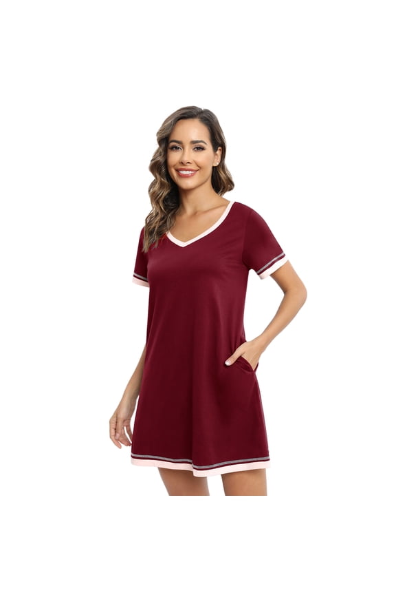 Women's Short Sleeve V Neck Sleepshirts With Pocket Ladies Home Pajamas Soft Comfy Nightdress,Lightweight Fabric,S-3XL,Wine red