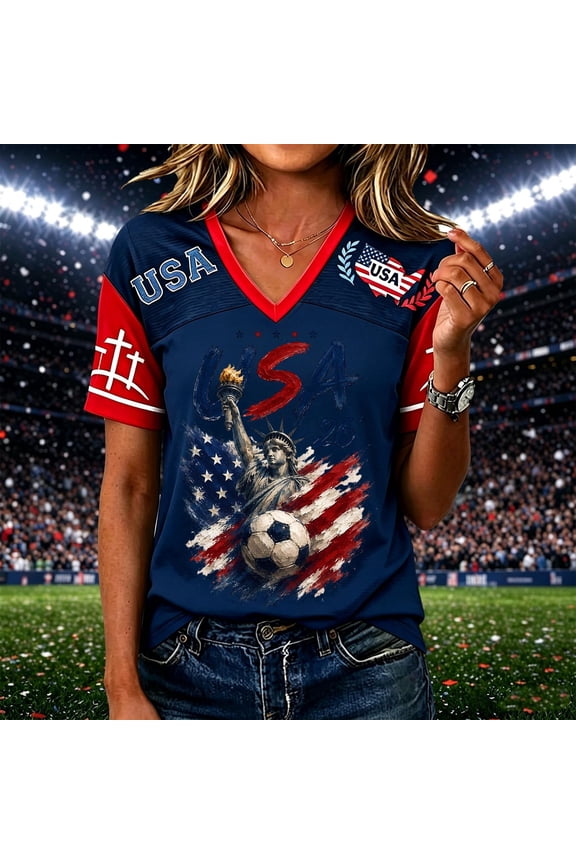 Women's Short Sleeve V-Neck Soccer Graphic Tee with Patriotic Star Stripe Print and Red Trim for Casual Wear