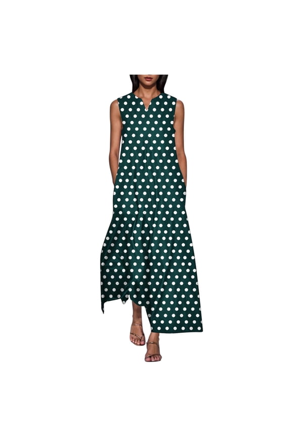Split V-Neck Womens Sleeveless T-Shirt Dress Polka Dot Side Pockets Maxi Dress 2026 Trendy Fashion Spring Summer Daily Casual Wear