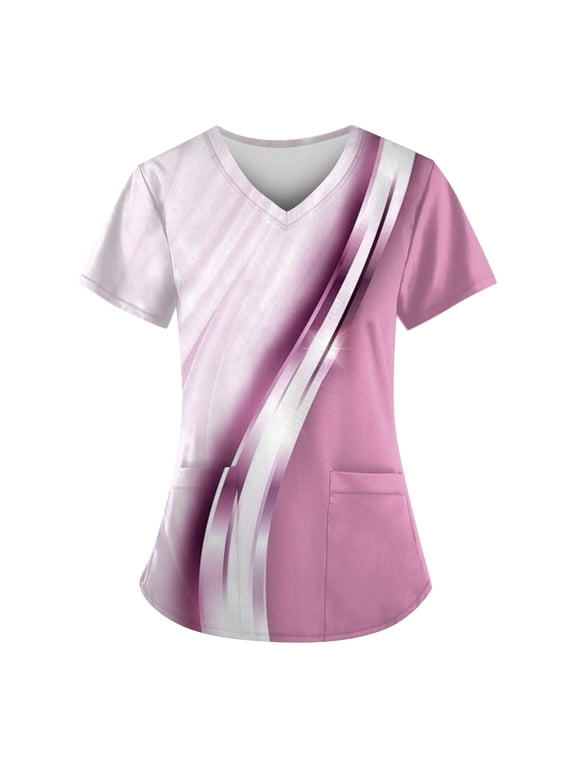 Women's Short Sleeve V-Neck T-Shirt, Abstract Pink Wave Print, Lightweight Casual Summer Top, Soft Breathable Fabric