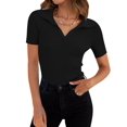 thumbnail image 1 of Women's Short Sleeve V Neck T Shirts 2024 Summer Knit Slim Fitted Basic Solid Color Tee Tops, 1 of 6