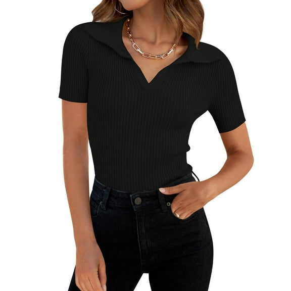 Women's Short Sleeve V Neck T Shirts 2024 Summer Knit Slim Fitted Basic Solid Color Tee Tops