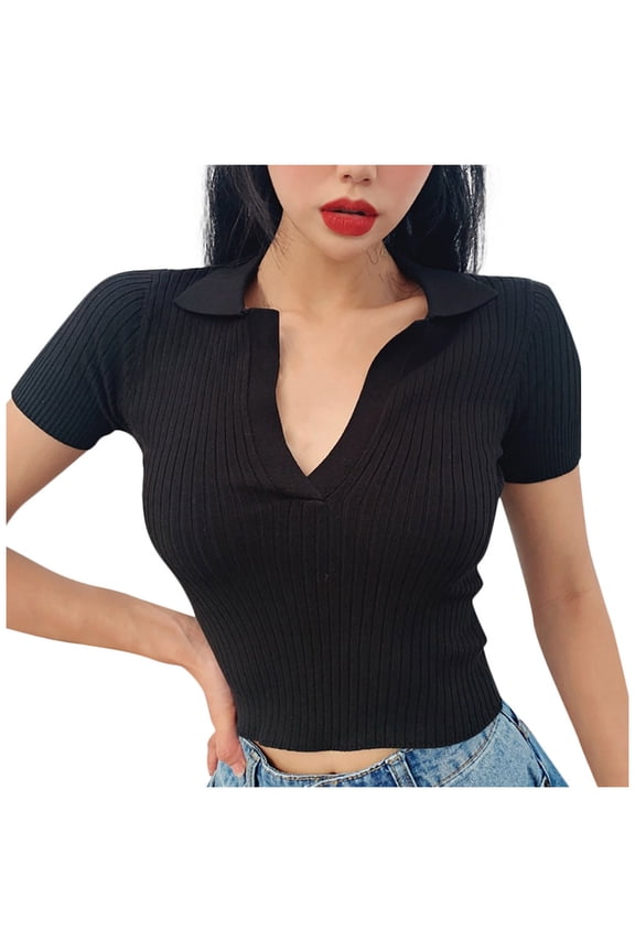 Women's Short Sleeve V Neck T Shirts Knit Ribbed Casual Cropped Tops Summer Polo Work Shirts Slim Fitted Basic Tees