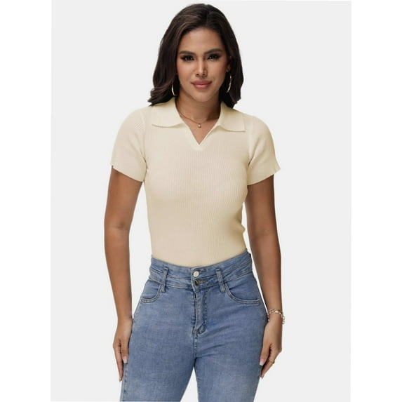 Women's Short Sleeve V Neck T Shirts Summer Knit Slim Fitted Basic Solid Color Tee Tops