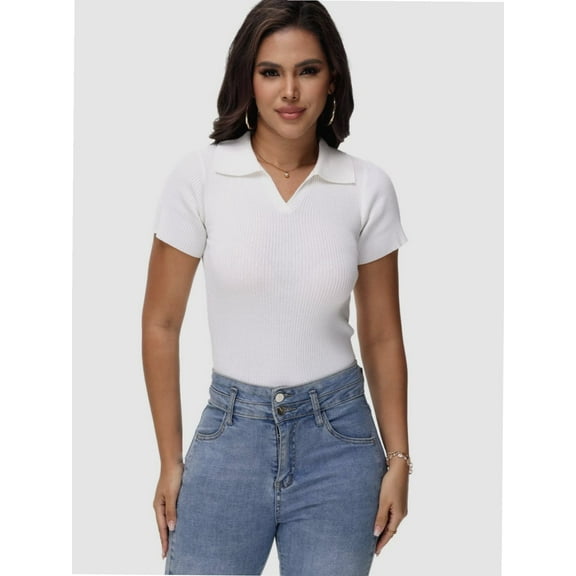 Women's Short Sleeve V Neck T Shirts Summer Knit Slim Fitted Basic Solid Color Tee Tops