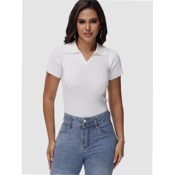 Women's Short Sleeve V Neck T Shirts Summer Knit Slim Fitted Basic Solid Color Tee Tops