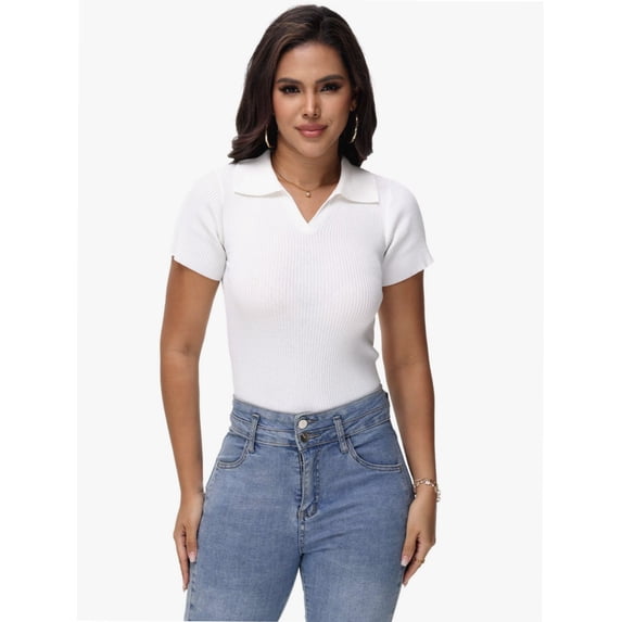 Women's Short Sleeve V Neck T Shirts Summer Knit Slim Fitted Basic Solid Color Tee Tops