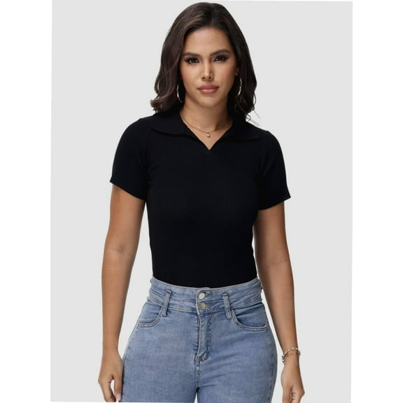 Women's Short Sleeve V Neck T Shirts Summer Knit Slim Fitted Basic Solid Color Tee Tops