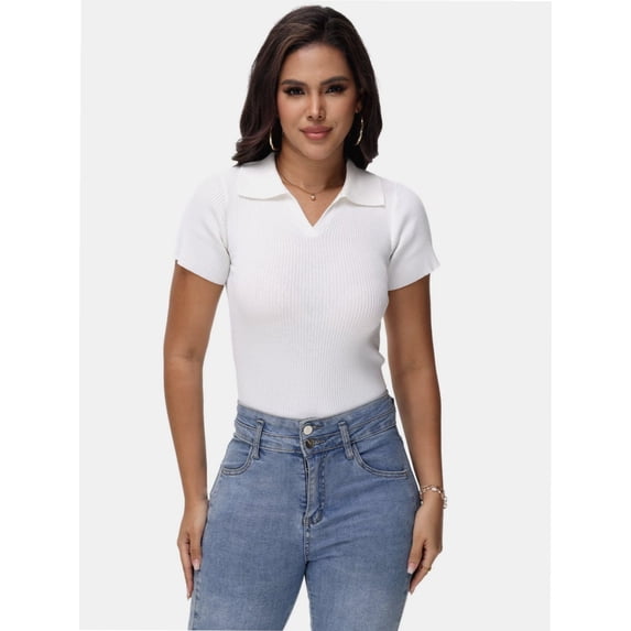 Women's Short Sleeve V Neck T Shirts Summer Knit Slim Fitted Basic Solid Color Tee Tops