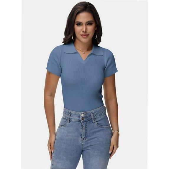 Women's Short Sleeve V Neck T Shirts Summer Knit Slim Fitted Basic Solid Color Tee Tops