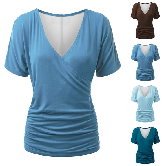 Women's Short Sleeve V Neck T Shirts Tees Tops Summer Casual Breathable Cotton Blend Loose Fit Lightweight Fashion | CSEONE,Blue XL