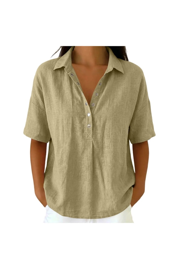 Women's Short Sleeve V Neck Top Crinkled Washed Texture Button Snap Closure Collared Casual Blouse Beige