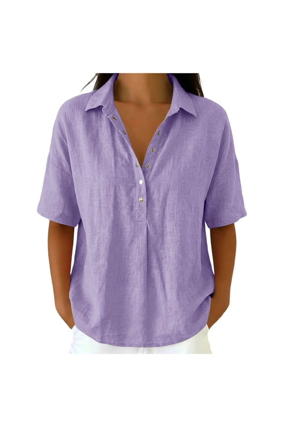 Women's Short Sleeve V Neck Top Crinkled Washed Texture Button Snap Closure Collared Casual Blouse Purple
