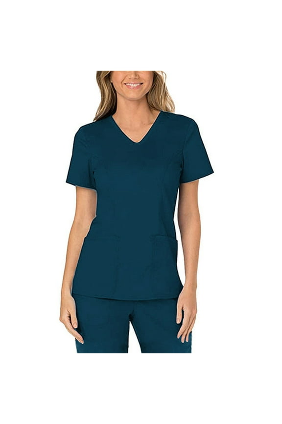 Women's Short Sleeve V-Neck Top, Working Uniform Blouse with Pockets, Casual and Comfortable for Nurses, Caregivers, and Healthcare Professionals, Ideal for Work or Everyday Wear