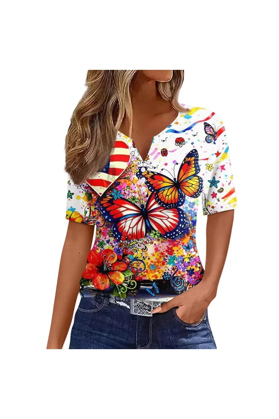 Women’s Short Sleeve V Neck Top with Butterfly and Star Print Casual Loose Fit Blouse for Everyday Wear Suitable for Spring and Summer Multicolor XL