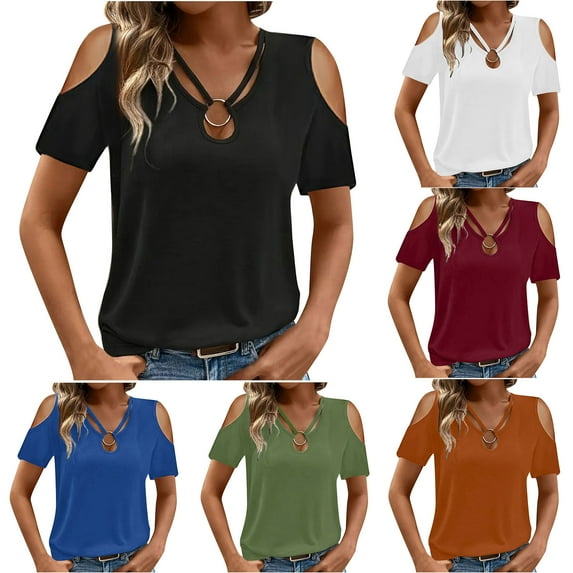 Women's Short Sleeve V Neck Tops Shirts Blouses Crewneck Puff Sleeve Loose Fit Solid Color Soft Breathable Casual Business Work Office Vacation Outfits Fashion Essential Gift for Women