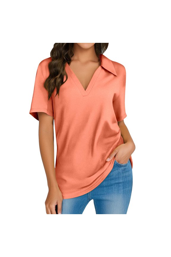 Women's Short Sleeve V Neck Tops, Summer Casual Work Tees, Polyester & Spandex Blend, Soft, Breathable, Slim Fit, Suitable for Multiple Occasions, Sizes S XXL