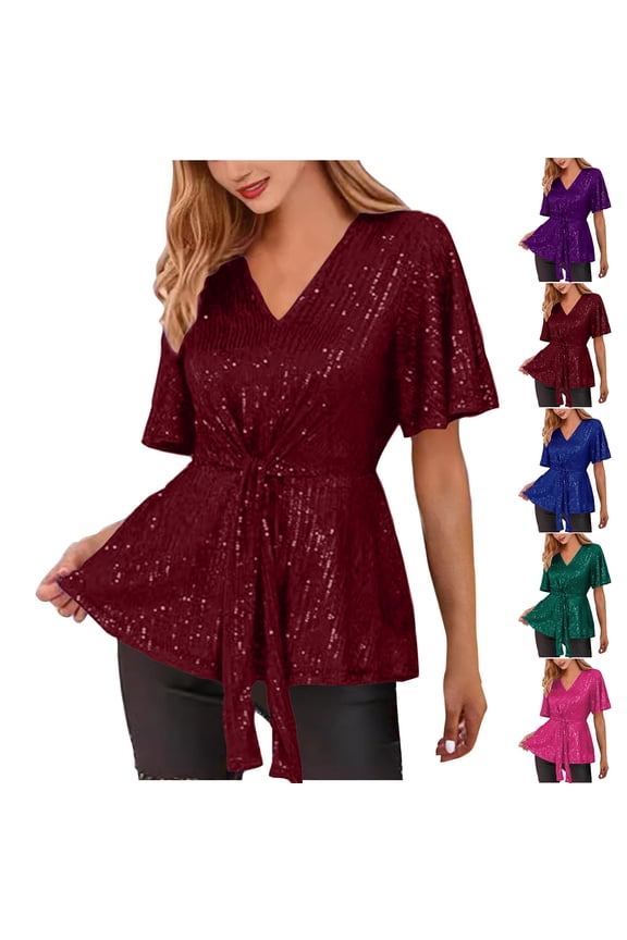 Women's Short Sleeve V Neck Wrap Belted Ruffle Peplum Blouse Tops, 2025