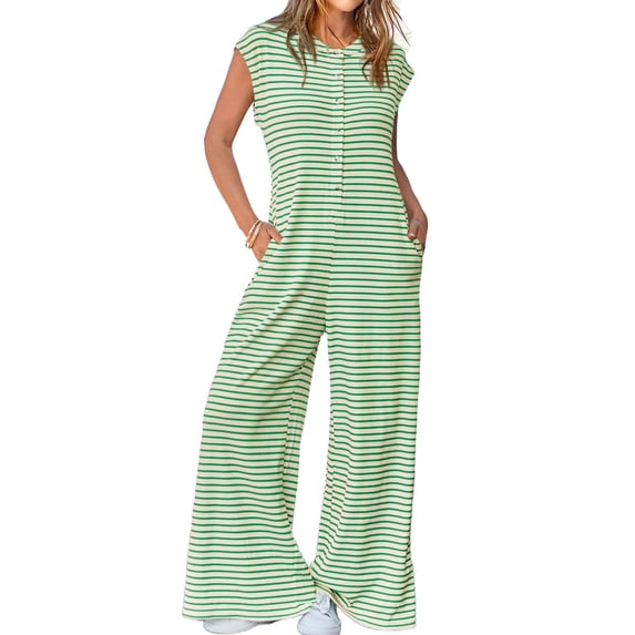 Women's Short Sleeve Wide Leg Striped Bodysuit Casual Round Neck Bodysuit Button Summer Suit
