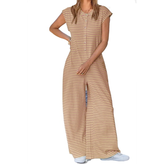 Women's Short Sleeve Wide Leg Striped Bodysuit Casual Round Neck Bodysuit Button Summer Suit