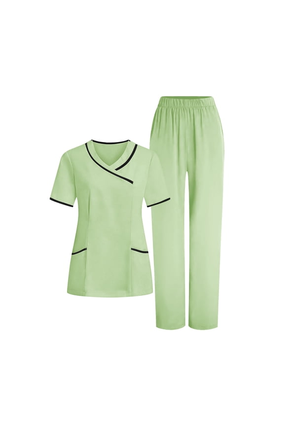 Women's Short Sleeve Work Uniform 2 Piece V-Neck Top & Straight Leg Pants Cleaning Hotel Uniform Workwear Set