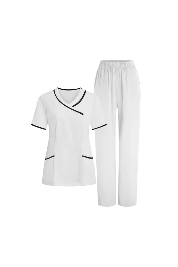 Women's Short Sleeve Work Uniform 2 Piece V-Neck Top & Straight Leg Pants Cleaning Hotel Uniform Workwear Set