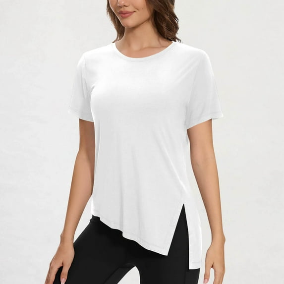 Women's Short Sleeve Workout Shirts Crewneck Yoga Running Tops Side Split High Low Hem Gym Tees Sportswear (XL, White)