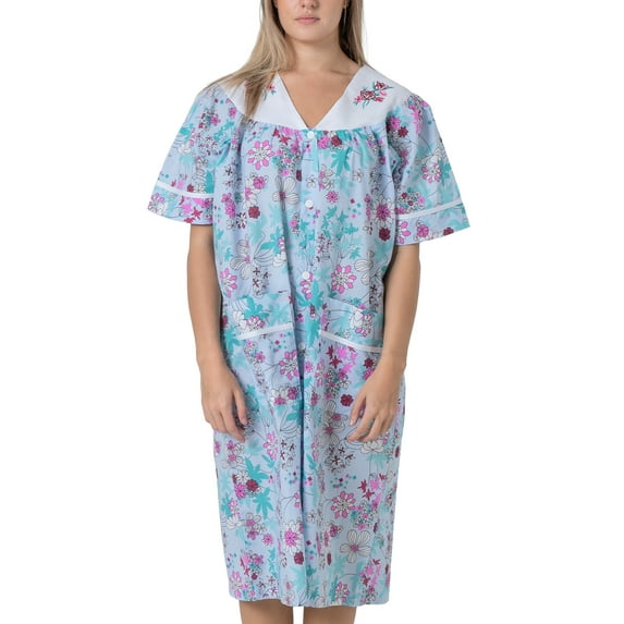 Women's Short Sleeve Woven Snap-Front Closure Floral Embroidery Housecoat Duster Lounge Nightgown, Blue X-Large
