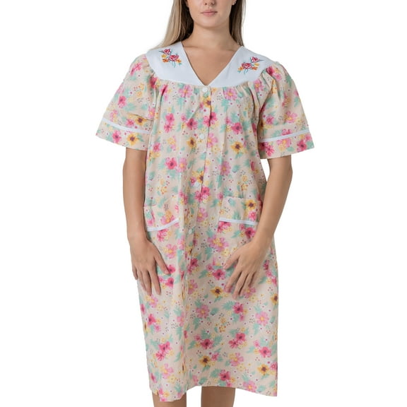 Women's Short Sleeve Woven Snap-Front Closure Floral Embroidery Housecoat Duster Lounge Nightgown, Peach XXX-Large