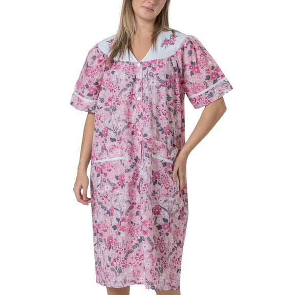 Women's Short Sleeve Woven Snap-Front Closure Floral Embroidery Housecoat Duster Lounge Nightgown, Pink X-Large