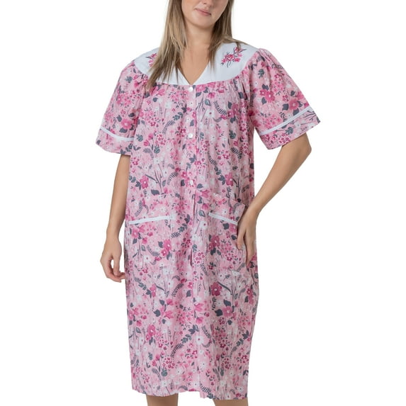 Women's Short Sleeve Woven Snap-Front Closure Floral Embroidery Housecoat Duster Lounge Nightgown, Pink XXX-Large
