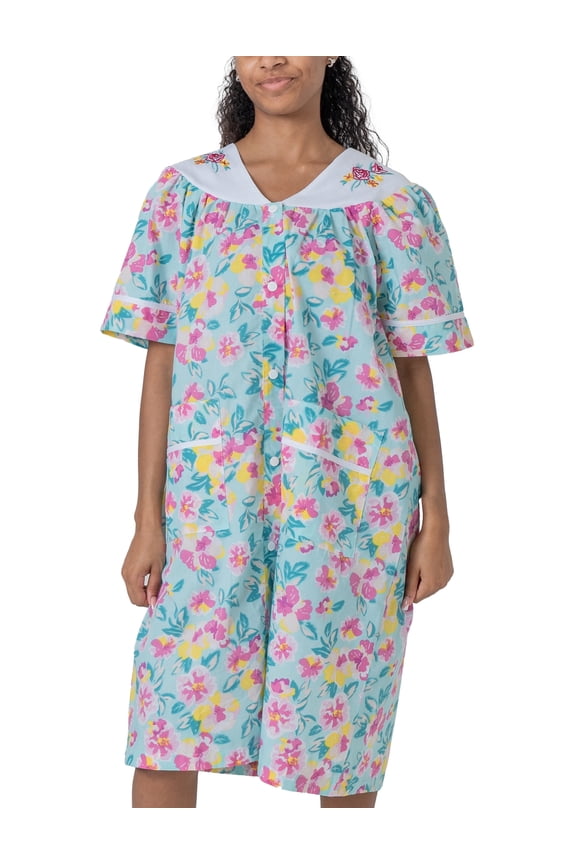 Women's Short Sleeve Woven Snap-Front Closure Floral Embroidery Housecoat Duster Lounge Nightgown, Teal XX-Large