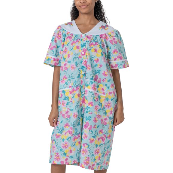 Women's Short Sleeve Woven Snap-Front Closure Floral Embroidery Housecoat Duster Lounge Nightgown, Teal XXX-Large