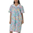 thumbnail image 1 of Women's Short Sleeve Woven Snap-Front Closure Floral Embroidery Housecoat Duster Lounge Nightgown, Teal XXXX-Large, 1 of 5