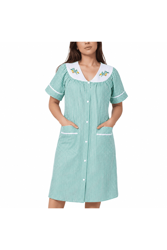 Women's Short Sleeve Woven Snap-Front Closure Striped Embroidery Housecoat Snap Front Dusters for Women Lounge Nightgown with Front Pockets, Green 2XL