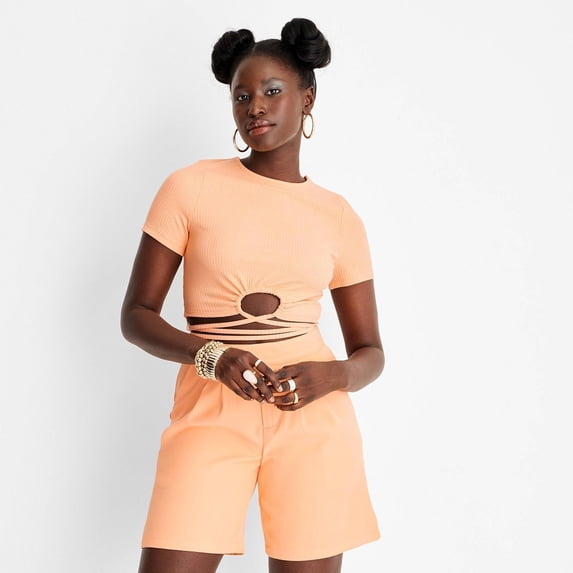 Women's Short Sleeve Wrap Around Waist Tie Cropped Top - Future Collective with Alani Noelle Peach Orange S