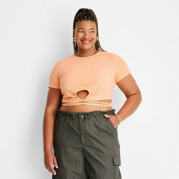 Women's Short Sleeve Wrap Around Waist Tie Cropped Top - Future Collective with Alani Noelle Peach Orange XXL