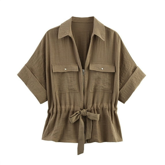 Women's Short Sleeve Zip-Front Drawstring Waist Shirt Tops Solid Color Casual Lapel Blouses With Pockets