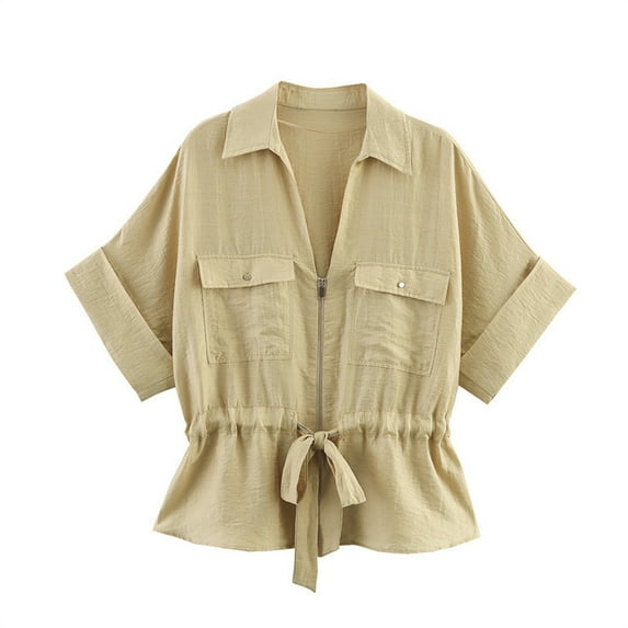 Women's Short Sleeve Zip-Front Drawstring Waist Shirt Tops Solid Color Casual Lapel Blouses With Pockets