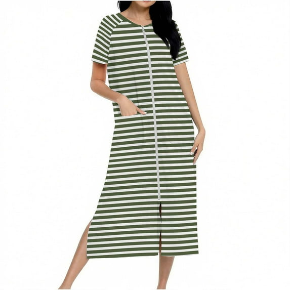 Women's Short Sleeve Zip Front Nightgowns Stripe Full Length Robes Loose Housecoat Loungewear with Pockets